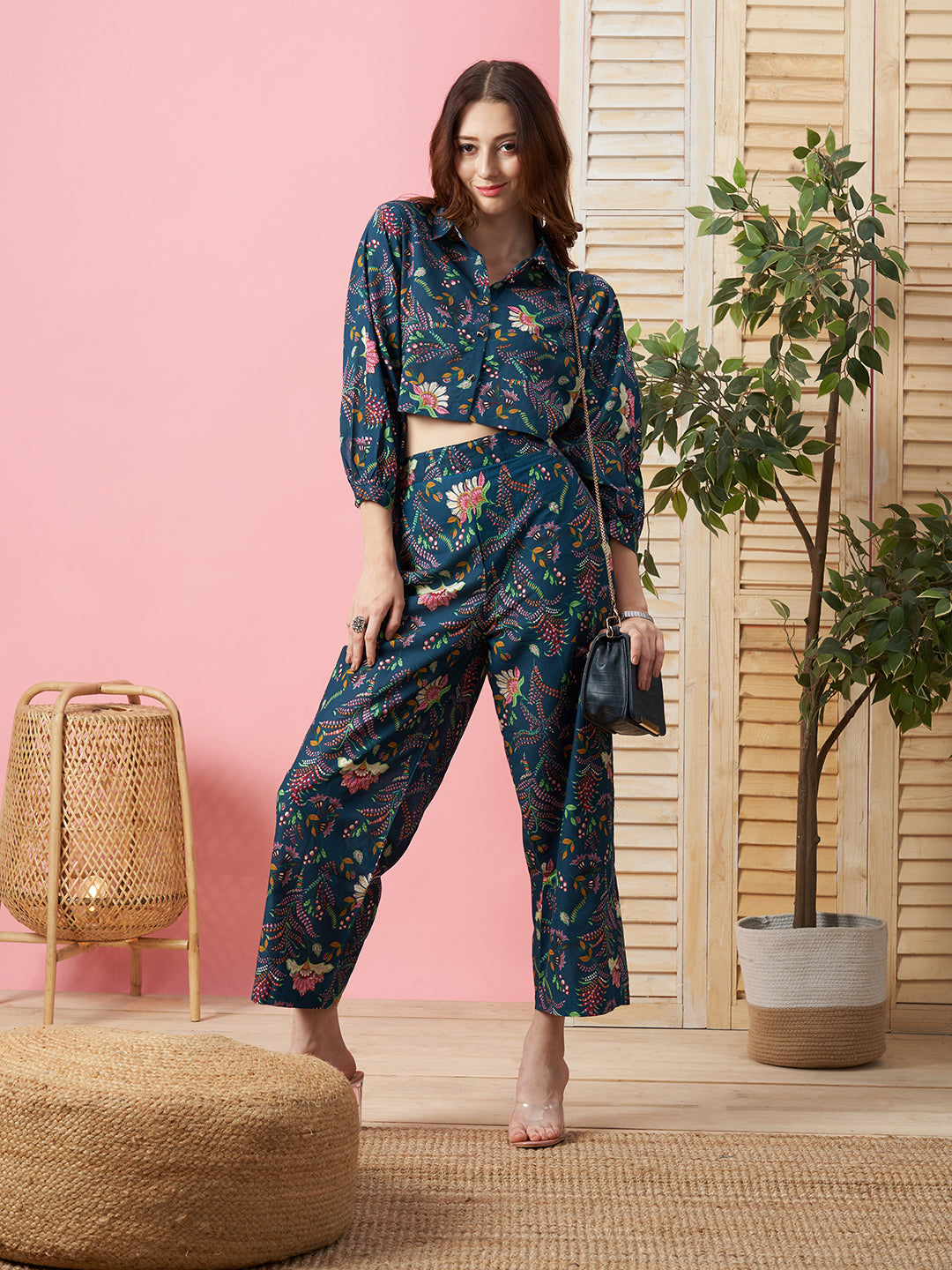 Blue Polyester Co Ords Crop Top And trouser set with formal pant