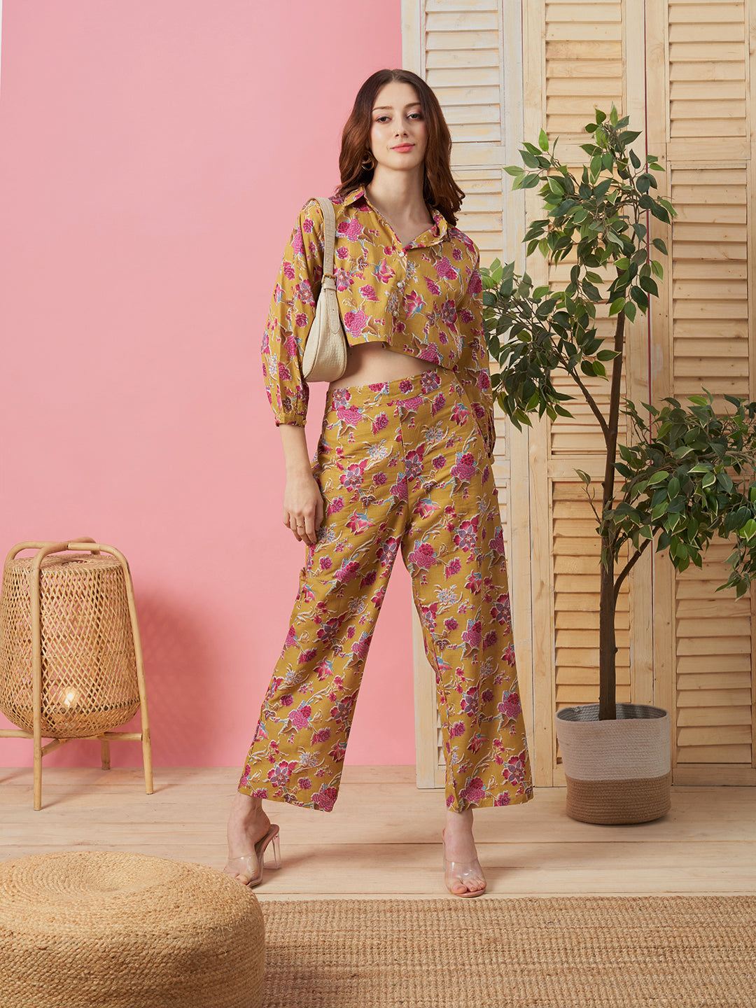 Mustard Polyester Co Ords Crop Top And trouser set with formal